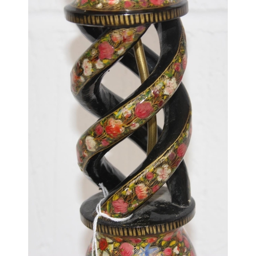 297 - 2 Kashmiri style lacquer lamps with double open twist design and floral decoration