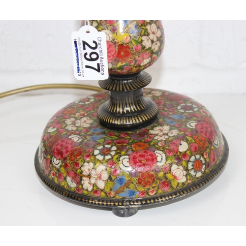 297 - 2 Kashmiri style lacquer lamps with double open twist design and floral decoration