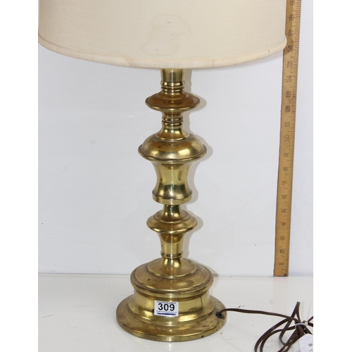 309 - 2 extremely large turned brass lamps with shades