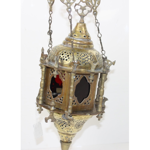 312 - A Moroccan style hanging brass and coloured glass hanging lamp