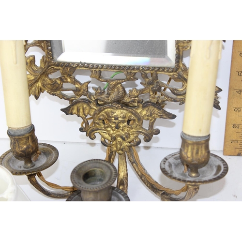 333 - A pair of 19th century gilded cast brass girandole wall mirrors marked verso JJ 30, the rectangular ... 