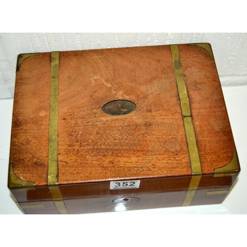 352 - An antique Mahogany box with brass bands and corners