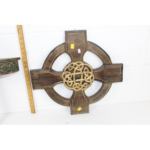 361 - A Celtic knot wooden plaque and a carved wooden wall bracket