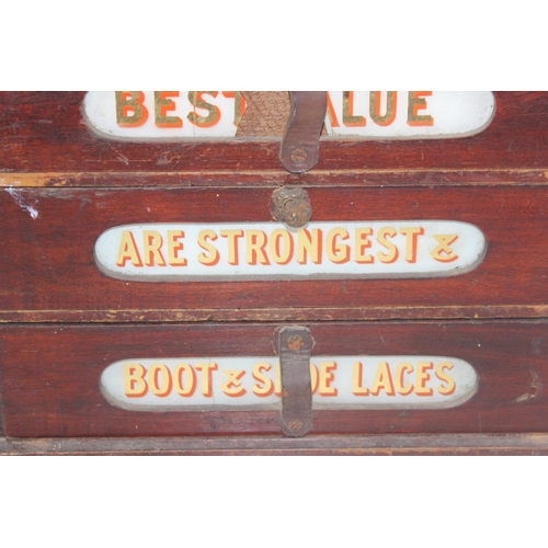 373 - An early 20th century shop display/ storage box with painted glass advertising for boot & shoe laces