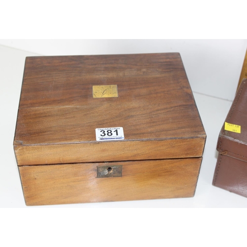 381 - Antique wooden writing slope & 3 other vintage boxes