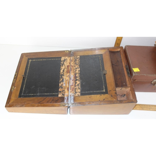 381 - Antique wooden writing slope & 3 other vintage boxes