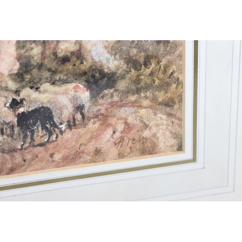 415 - J Pryce (XIX-XX) - watercolour of a woodland lane with sheep, shepherd and sheep dog