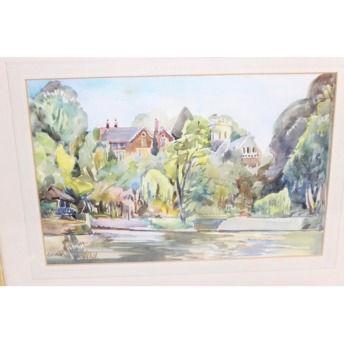 416 - Watercolour of Iffley River signed Locke in gilt frame bearing Oxford framers label verso