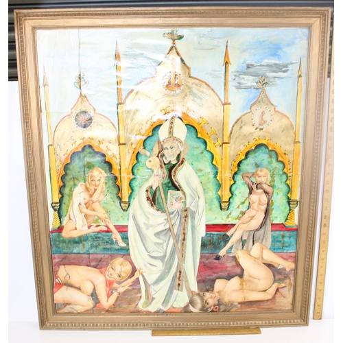 448 - An unusual mixed media picture of the Pope and scantily clad ladies