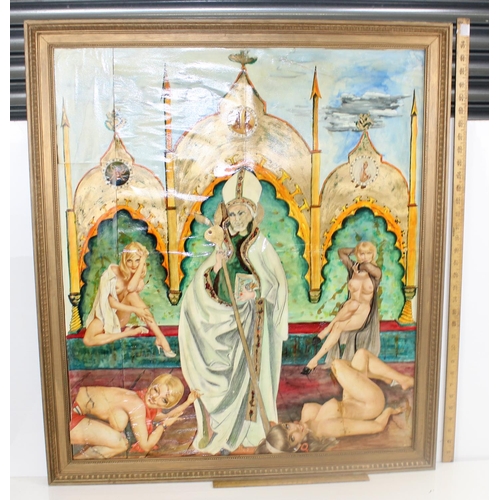 448 - An unusual mixed media picture of the Pope and scantily clad ladies