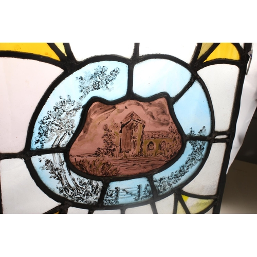 468 - 2 vintage leaded stained-glass windows - one with painted details