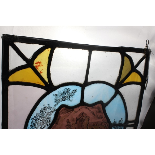 468 - 2 vintage leaded stained-glass windows - one with painted details