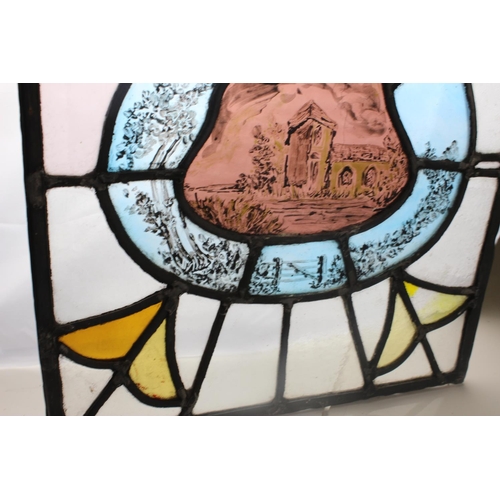 468 - 2 vintage leaded stained-glass windows - one with painted details