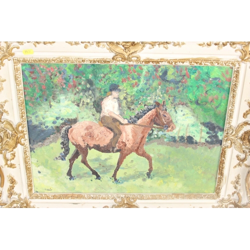 469 - 20th century Oil painting of a horse and rider in decorative gilt frame - unsigned