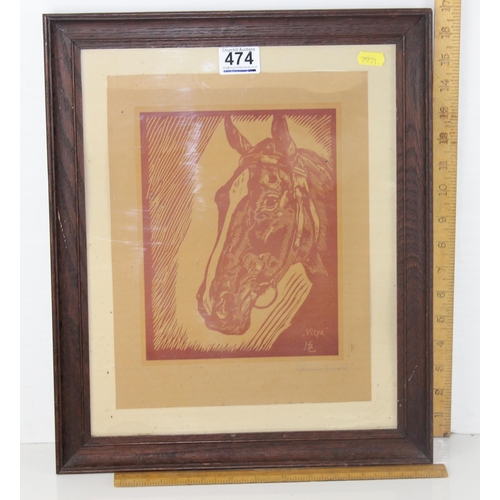 474 - A Vintage Oak framed print of a horse 