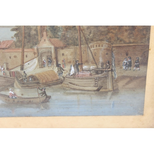 477 - Dutch School 19th century - A watercolour of a harbour scene signed A Nockolds? in oak frame