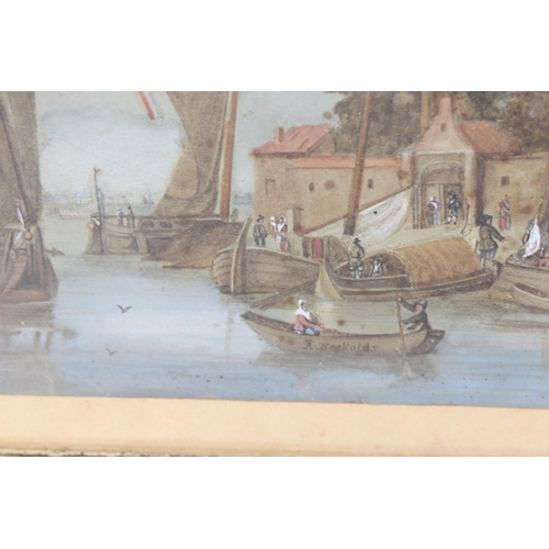 477 - Dutch School 19th century - A watercolour of a harbour scene signed A Nockolds? in oak frame