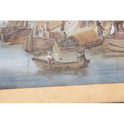 477 - Dutch School 19th century - A watercolour of a harbour scene signed A Nockolds? in oak frame