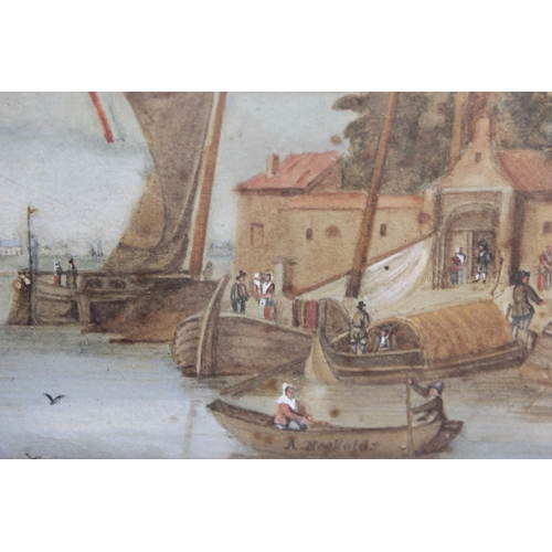 477 - Dutch School 19th century - A watercolour of a harbour scene signed A Nockolds? in oak frame