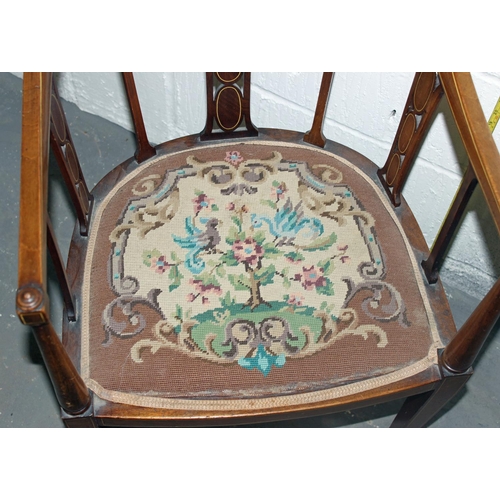 48 - An Edwardian Sheraton Revival horseshoe shaped bedroom chair with tapestry seat