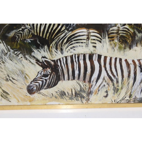 486 - Ken Turner (British XX) - Oil on board of Zebra in undergrowth with gilt frame