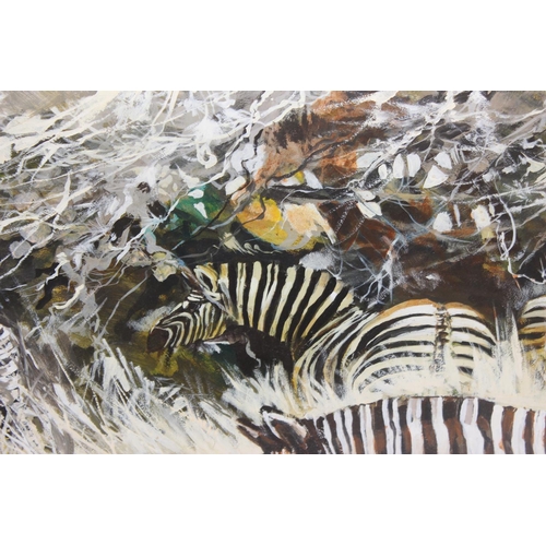 486 - Ken Turner (British XX) - Oil on board of Zebra in undergrowth with gilt frame