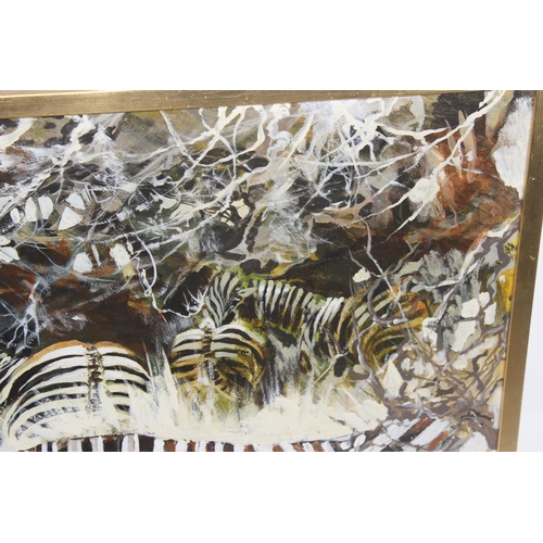 486 - Ken Turner (British XX) - Oil on board of Zebra in undergrowth with gilt frame