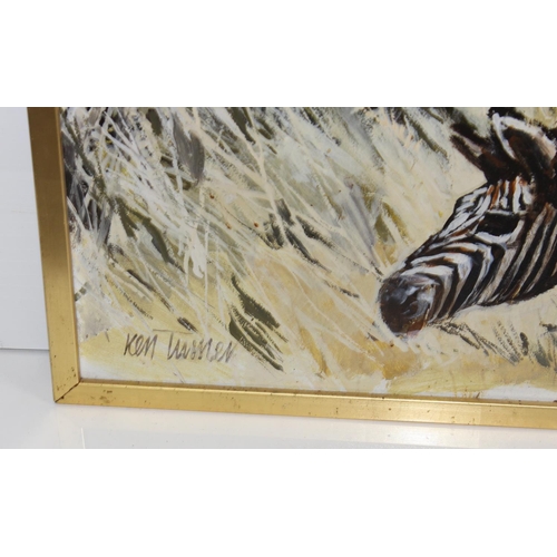 486 - Ken Turner (British XX) - Oil on board of Zebra in undergrowth with gilt frame