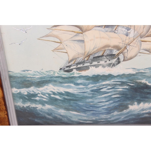 487 - Early 20th Century watercolour of a sailing ship by G.S Barker, with sails in 3D