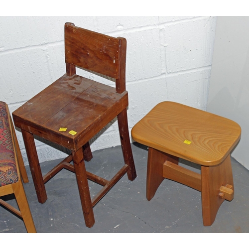 74 - 4 assorted stools and an antique wheel back armchair