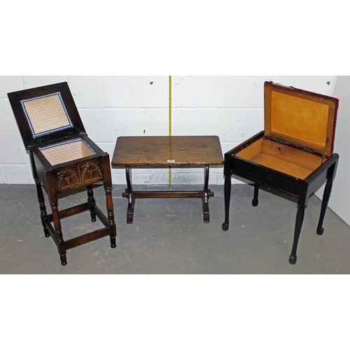 75 - Vintage piano stool, sewing box and oak table