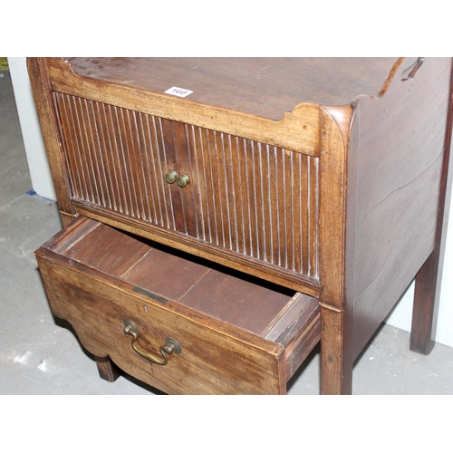 185 - A George III period mahogany tray top bedside cabinet or night stand with tambour front