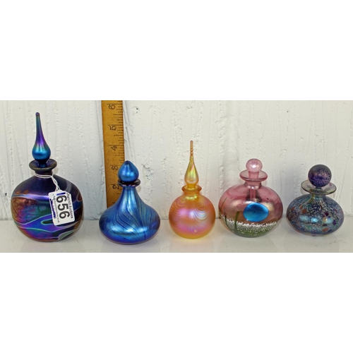 1656 - 5 iridescent glass perfume bottles to inc examples by Siddy Langley & 2 by Okra Glass