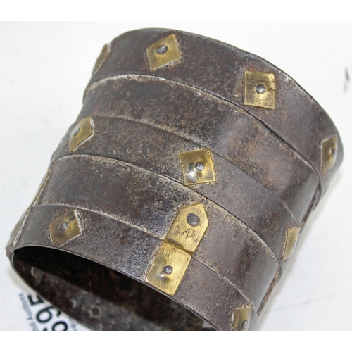 1695 - Antique iron strap work hand crafted pot with contrasting brass rivets.