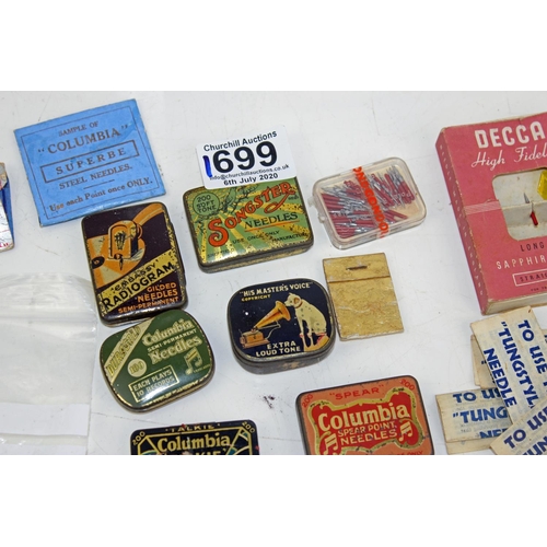 1699 - Collection vintage gramophone record needle tins/boxes some with contents.