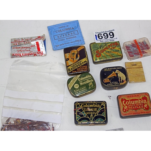 1699 - Collection vintage gramophone record needle tins/boxes some with contents.