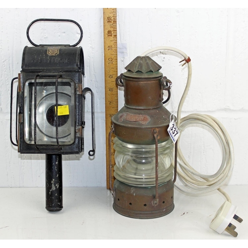 337 - Early Victorian coach/carriage lamp ‘The Wardour’ London & an electrified ships lamp