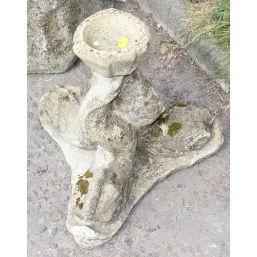 574 - A vintage concrete garden stand in the form of 3 Maltese Dolphins