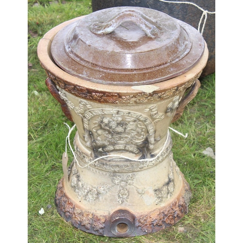 594 - Large Victorian period salt glazed stoneware water filter with raised Royal coat of arms and grapevi... 