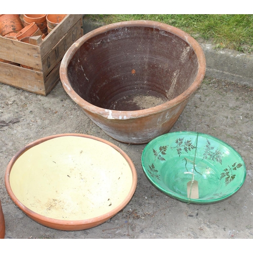 604 - A large vintage glazed bread bowl and 2 other bowls