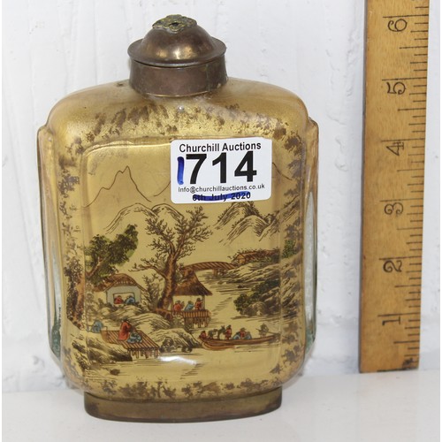 1714 - Large Chinese reverse painted glass flask and lid decorated with figures besides a river garden – si... 