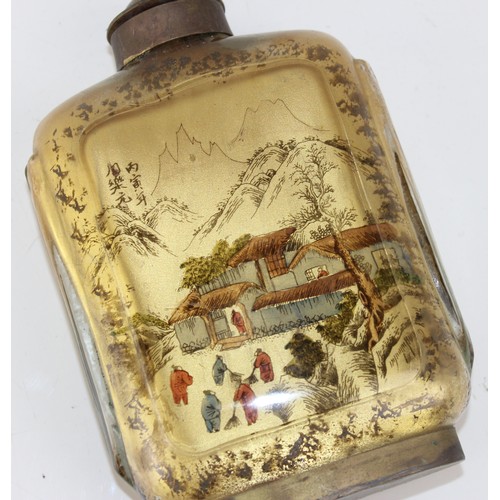 1714 - Large Chinese reverse painted glass flask and lid decorated with figures besides a river garden – si... 