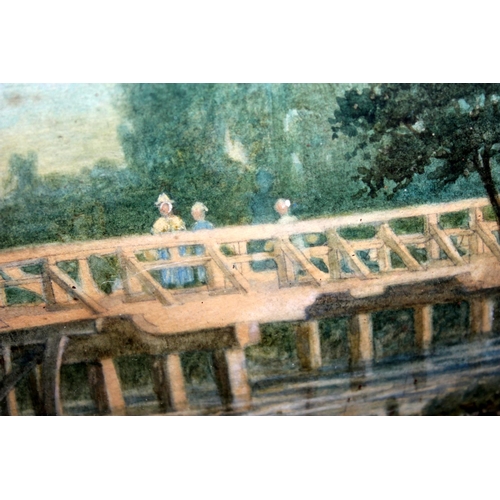 525 - A Victorian gilt framed watercolour of people on a bridge- indistinctly signed but dated 1875