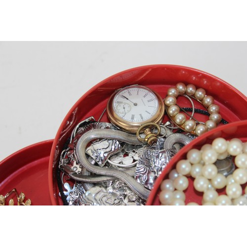 1250 - Qty of assorted vintage and modern costume jewellery etc to inc a gold plated Waltham fob watch