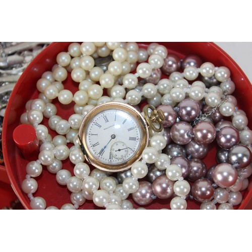 1250 - Qty of assorted vintage and modern costume jewellery etc to inc a gold plated Waltham fob watch