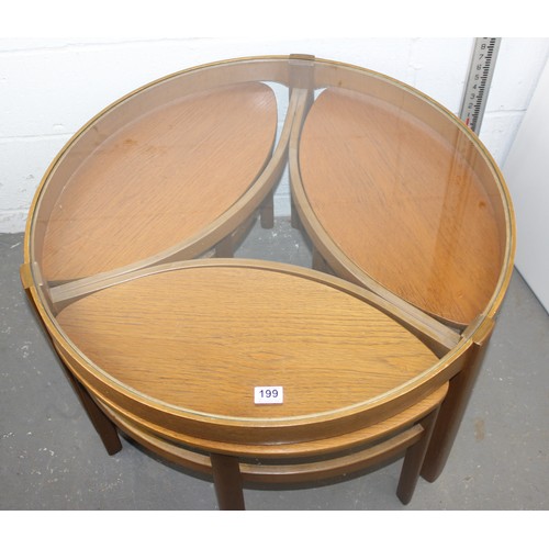 199 - Nathan - Circles - Trinity Nest - A 1960's retro vintage teak wood and glass topped centre / coffee ... 