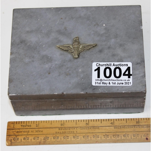 1004 - A WW2 period grey stone cigarette box bearing Paratroopers badge