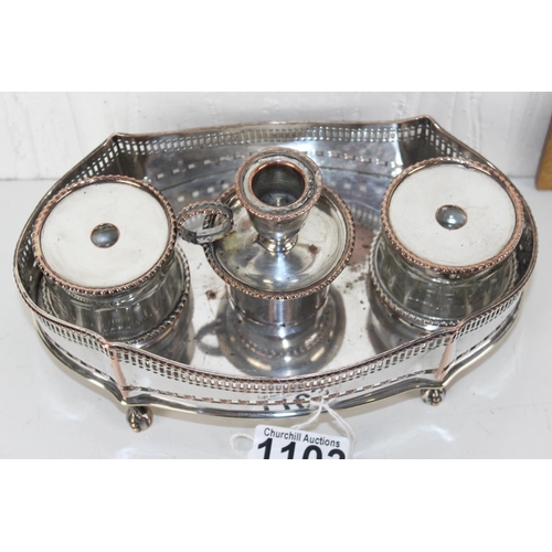 1103 - Victorian Sheffield-plated 'Encrier de Bureau' of classical form with 2 original glass inkwells