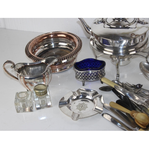 1104 - Qty of assorted silver-plate, white-metal and other metal-ware items to incl. a spirit kettle