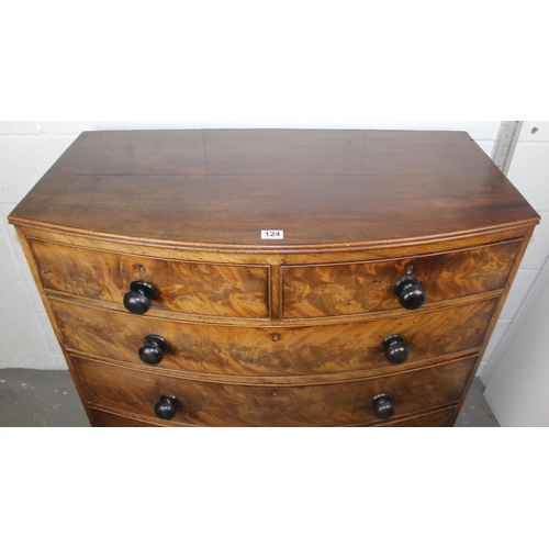 124 - A Victorian bow-fronted 2 over 3 mahogany chest of drawers with ebonised handles. Has been 'cottaged... 